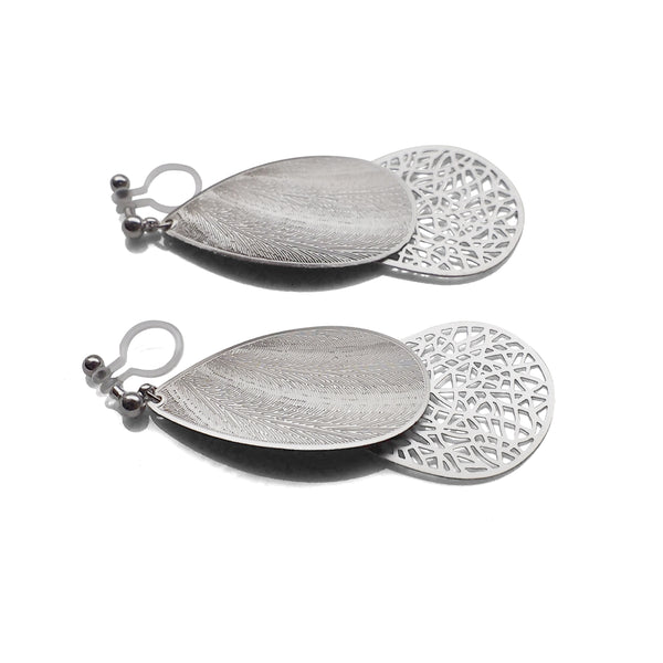 Textured  silver metal and teardrop filigree invisible clip on earrings - Miyabi Grace