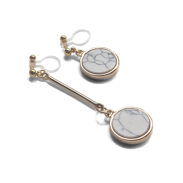 Asymmetric Round Marble Faux White Stone Invisible Clip On Earrings - Miyabi Grace