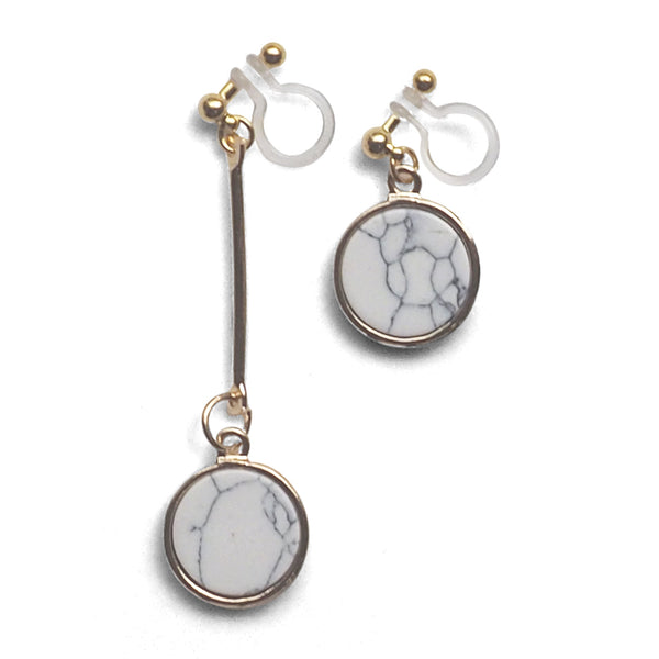Asymmetric Round Marble Faux White Stone Invisible Clip On Earrings - Miyabi Grace
