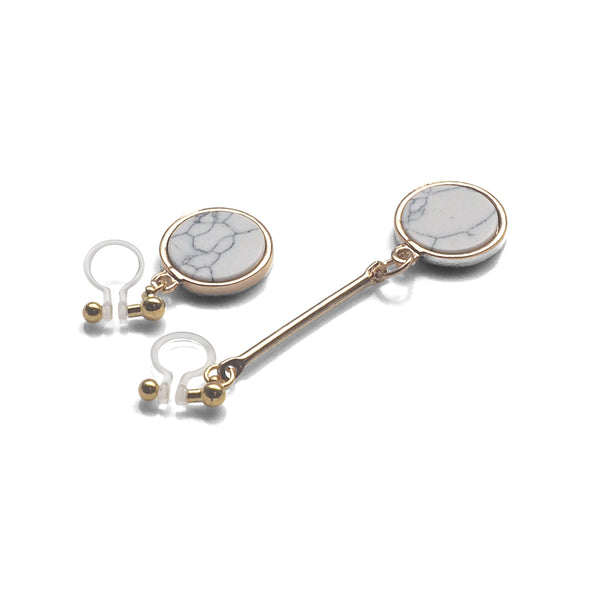 Asymmetric Round Marble Faux White Stone Invisible Clip On Earrings - Miyabi Grace