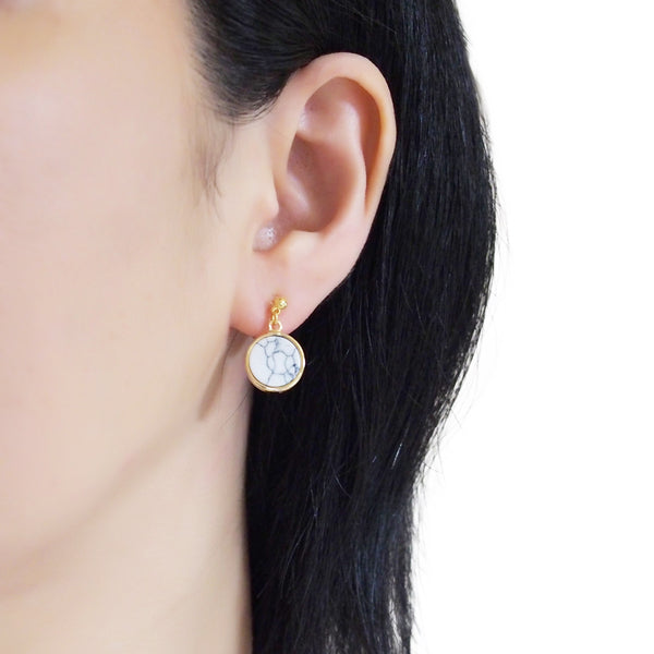 Asymmetric Round Marble Faux White Stone Invisible Clip On Earrings - Miyabi Grace