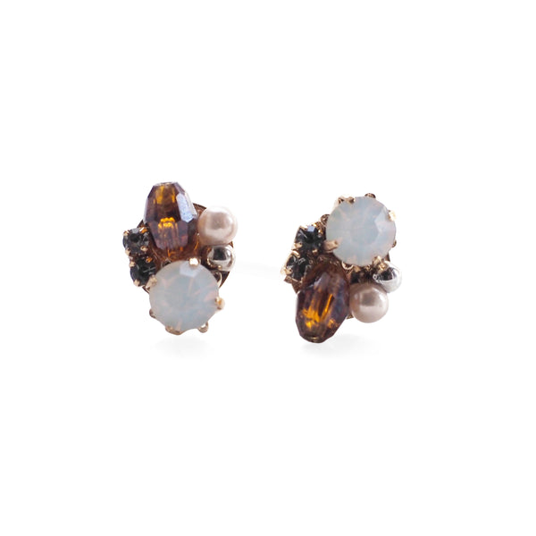 White and Brown Rhinestone Crystal Invisible Clip On Stud Earrings - Miyabi Grace