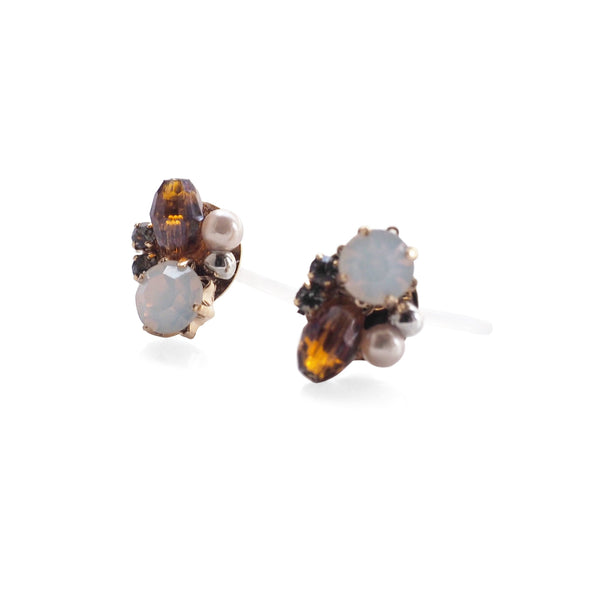 White and Brown Rhinestone Crystal Invisible Clip On Stud Earrings - Miyabi Grace