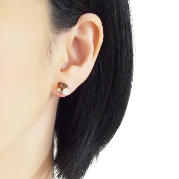 White and Brown Rhinestone Crystal Invisible Clip On Stud Earrings - Miyabi Grace