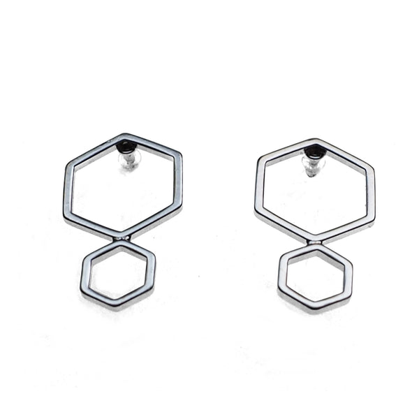 Double hexagon invisible clip on stud earrings ( Silver tone ) - Miyabi Grace