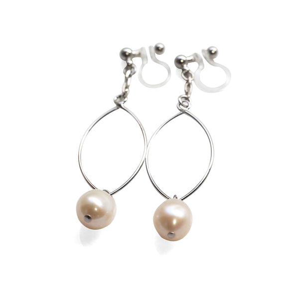 White freshwater pearl with hoop invisible clip on earrings - Miyabi Grace