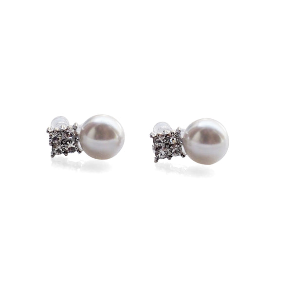 White Pearl and Rhinestone Invisible Clip On Stud Earrings (Silver tone) - Miyabi Grace