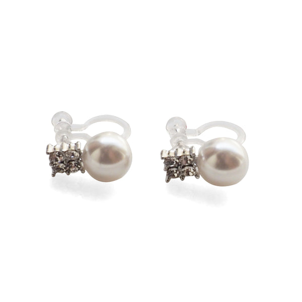 White Pearl and Rhinestone Invisible Clip On Stud Earrings (Silver tone) - Miyabi Grace