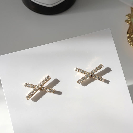 Crystal Rhinestone Pave Gold Cross Invisible Clip On Stud Earrings
