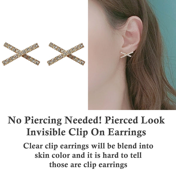 Crystal Rhinestone Pave Gold Cross Invisible Clip On Stud Earrings