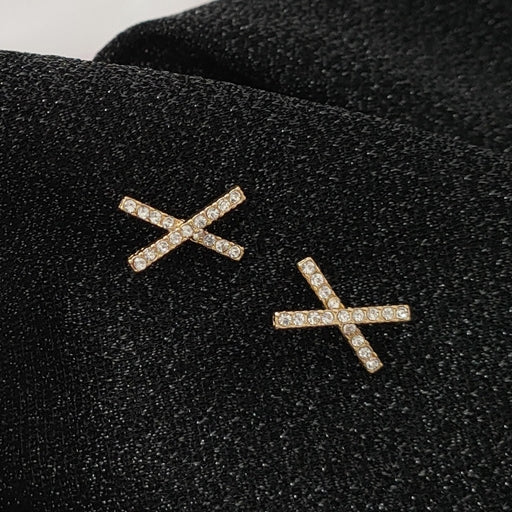 Crystal Rhinestone Pave Gold Cross Invisible Clip On Stud Earrings