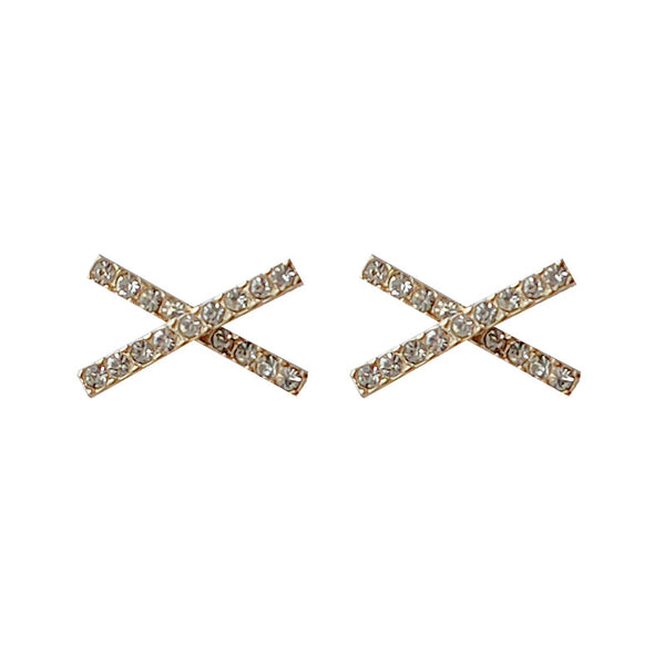 Crystal Rhinestone Pave Gold Cross Invisible Clip On Stud Earrings