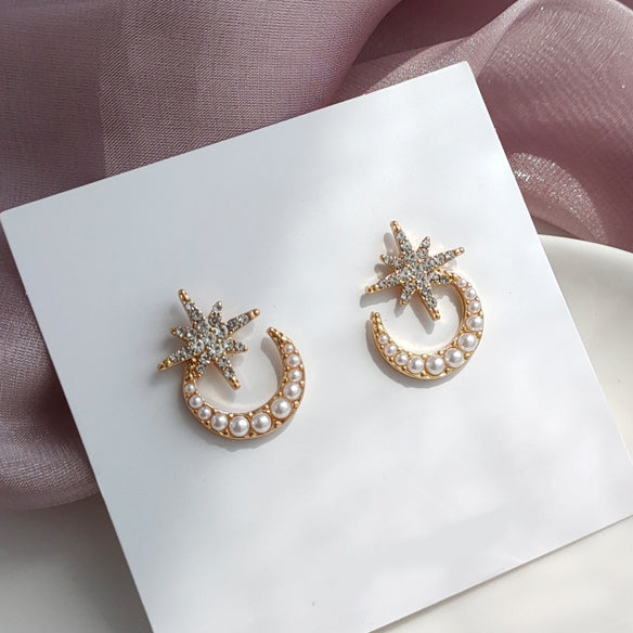 Crystal Rhinestone Star White Pearl Moon Invisible Clip On Stud Earrings