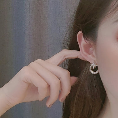 Crystal Rhinestone Star White Pearl Moon Invisible Clip On Stud Earrings