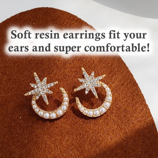 Crystal Rhinestone Star White Pearl Moon Invisible Clip On Stud Earrings