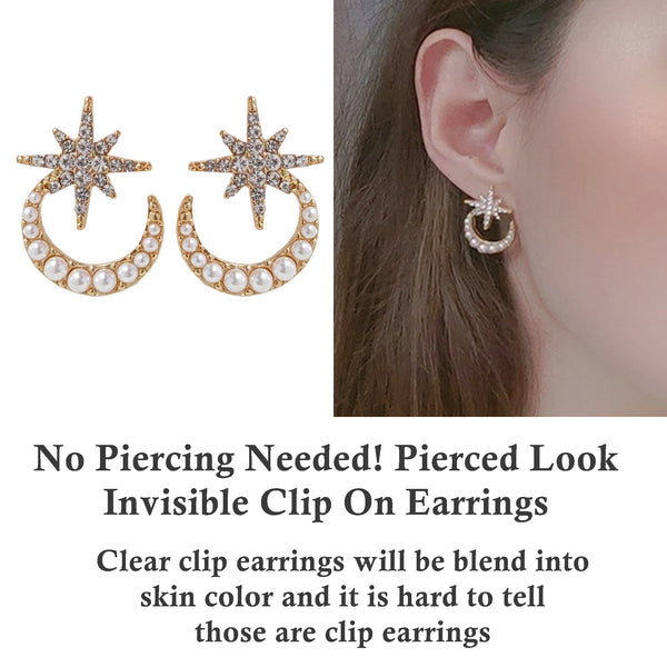 Crystal Rhinestone Star White Pearl Moon Invisible Clip On Stud Earrings