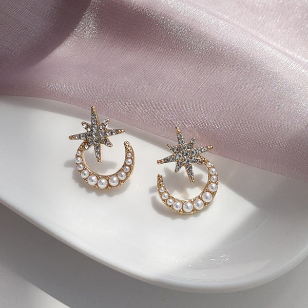 Crystal Rhinestone Star White Pearl Moon Invisible Clip On Stud Earrings