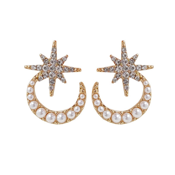 Crystal Rhinestone Star White Pearl Moon Invisible Clip On Stud Earrings