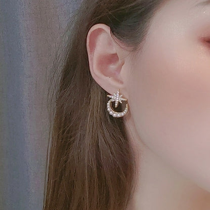 Crystal Rhinestone Star White Pearl Moon Invisible Clip On Stud Earrings
