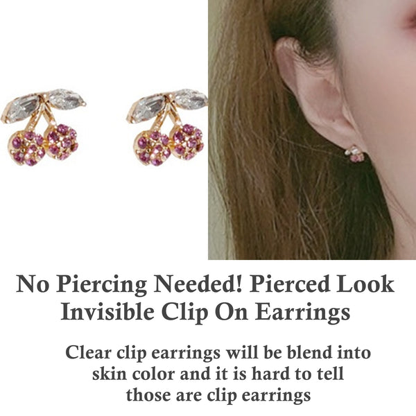 Crystal Rhinestone Cherry Pink Invisible Clip On Stud Earrings