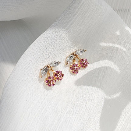 Crystal Rhinestone Cherry Pink Invisible Clip On Stud Earrings