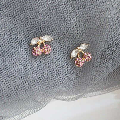 Crystal Rhinestone Cherry Pink Invisible Clip On Stud Earrings