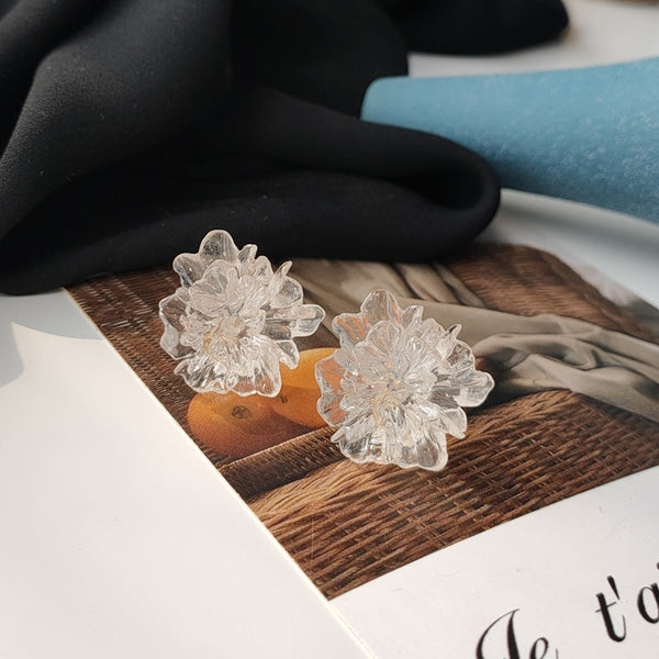 Clear Large Flower Invisible Clip On Stud Earrings