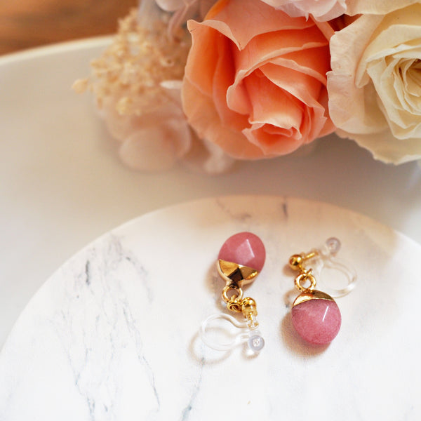 Drop Rose Quartz Invisible Clip On Earrings