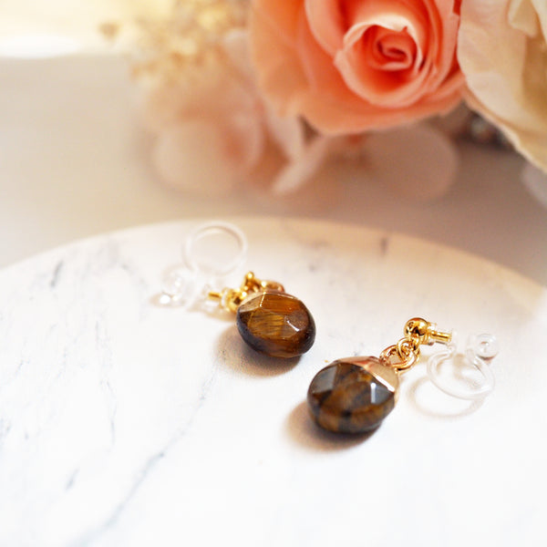 Drop Tiger Eye Invisible Clip On Earrings
