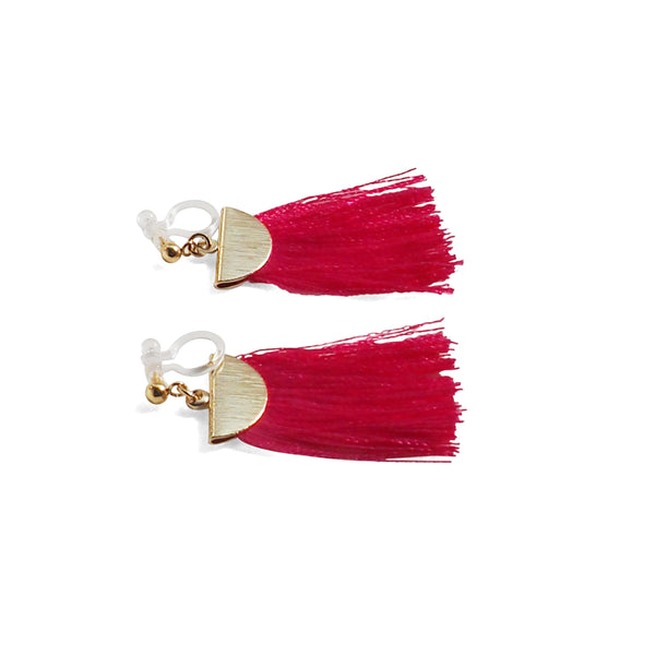Fuchsia Pink flat tassel invisible clip on earrings - Miyabi Grace