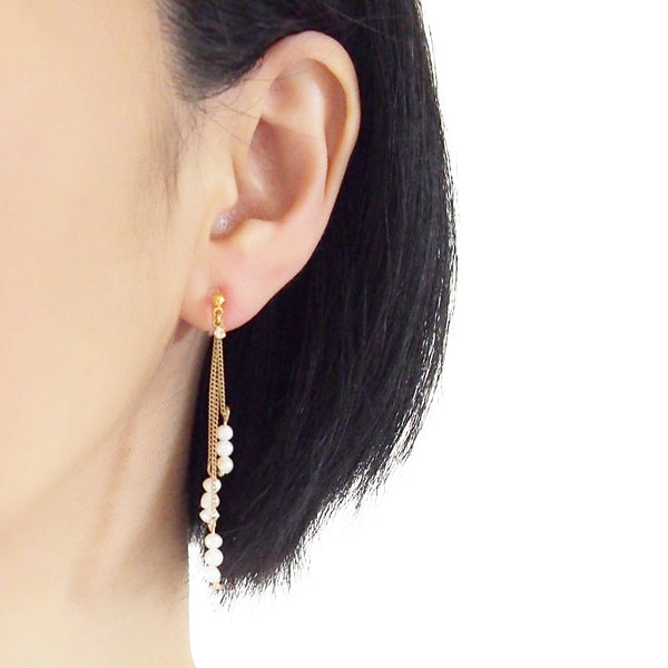 Dangle Beaded White Freshwater Pearl Invisible Clip On Earrings (Gold tone) - Miyabi Grace