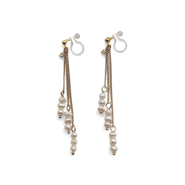 Dangle Beaded White Freshwater Pearl Invisible Clip On Earrings (Gold tone) - Miyabi Grace
