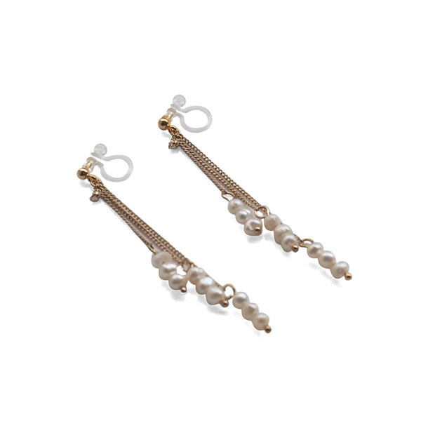 Dangle Beaded White Freshwater Pearl Invisible Clip On Earrings (Gold tone) - Miyabi Grace