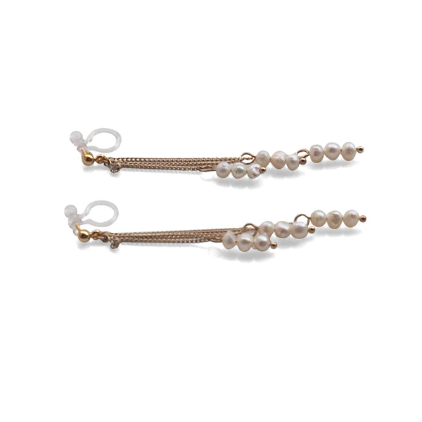Dangle Beaded White Freshwater Pearl Invisible Clip On Earrings (Gold tone) - Miyabi Grace