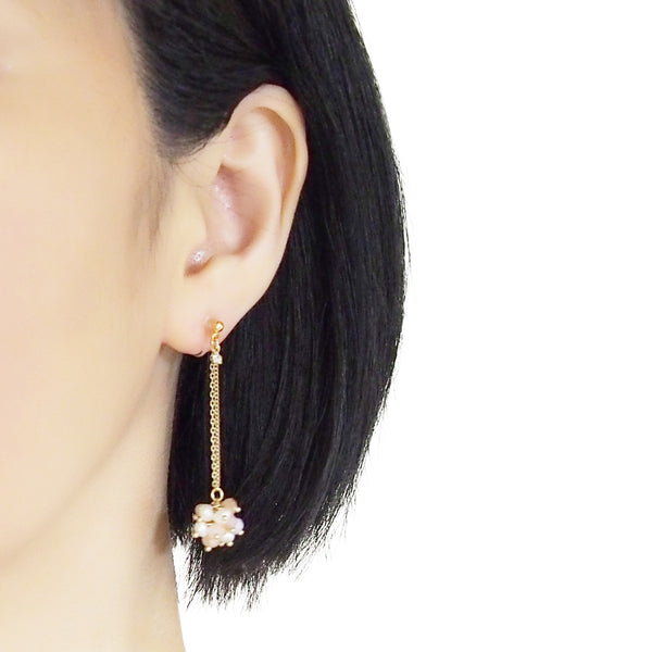 White Freshwater Pearl & Pink Crystal Ball Invisible Clip On Earrings (Gold tone) - Miyabi Grace