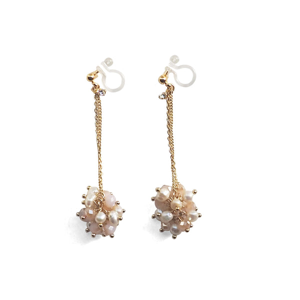White Freshwater Pearl & Pink Crystal Ball Invisible Clip On Earrings (Gold tone) - Miyabi Grace
