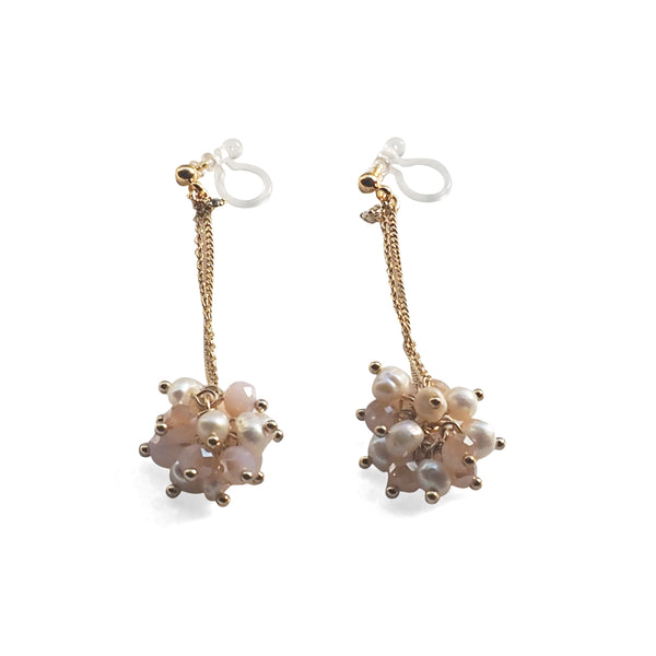 White Freshwater Pearl & Pink Crystal Ball Invisible Clip On Earrings (Gold tone) - Miyabi Grace