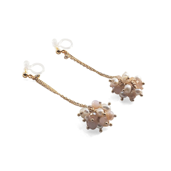 White Freshwater Pearl & Pink Crystal Ball Invisible Clip On Earrings (Gold tone) - Miyabi Grace