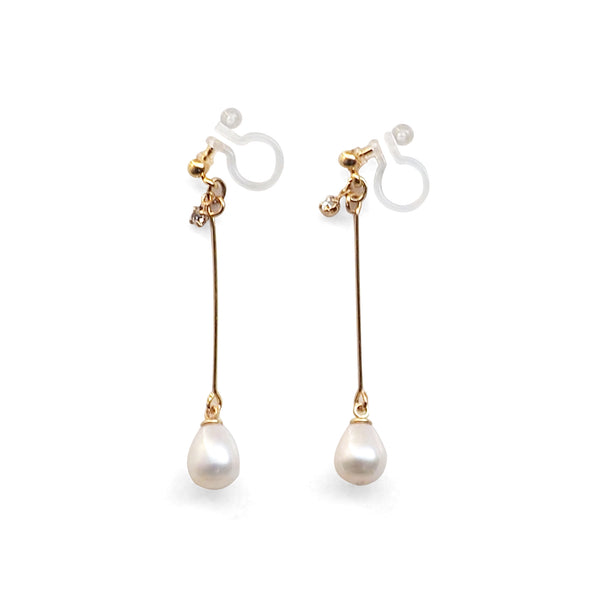 White Teardrop Freshwater Pearl Invisible Clip On Earrings (Gold tone) - Miyabi Grace