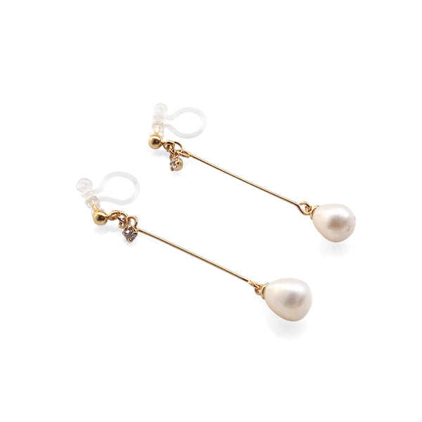 White Teardrop Freshwater Pearl Invisible Clip On Earrings (Gold tone) - Miyabi Grace