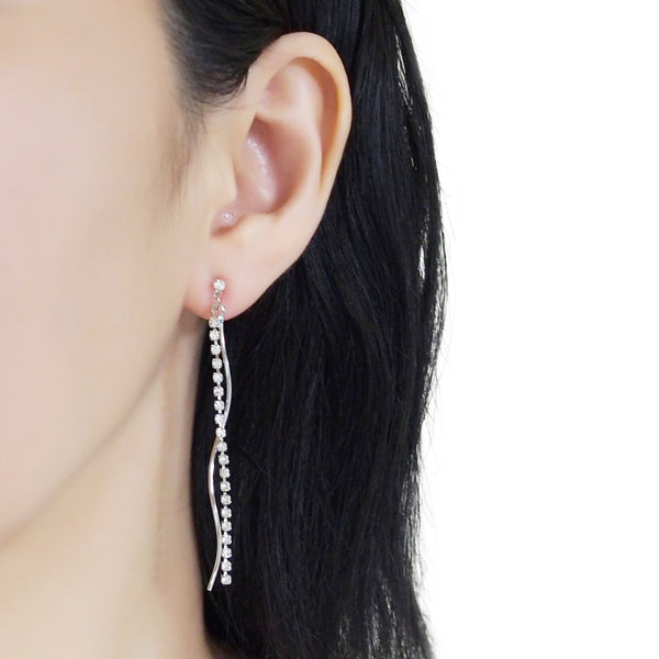 Dangle rhinestone chain and wave bar invisible clip on earrings ( Silver tone ) - Miyabi Grace