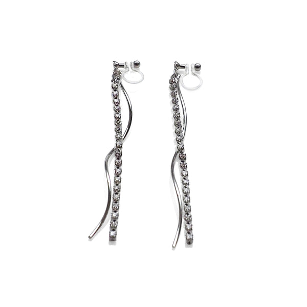 Dangle rhinestone chain and wave bar invisible clip on earrings ( Silver tone ) - Miyabi Grace