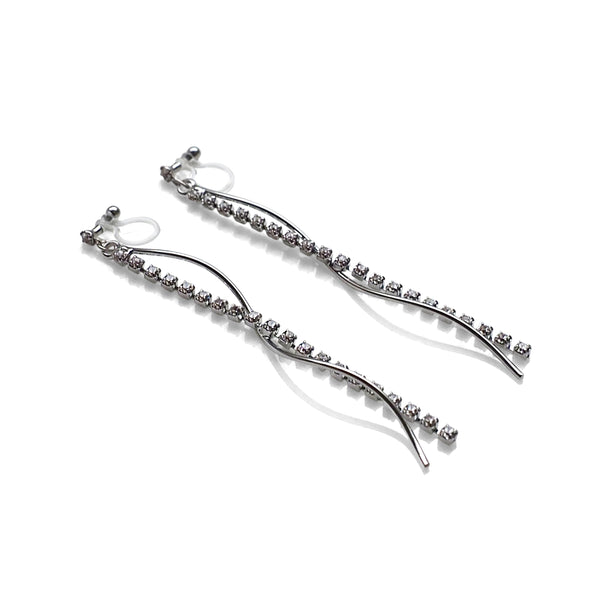 Dangle rhinestone chain and wave bar invisible clip on earrings ( Silver tone ) - Miyabi Grace