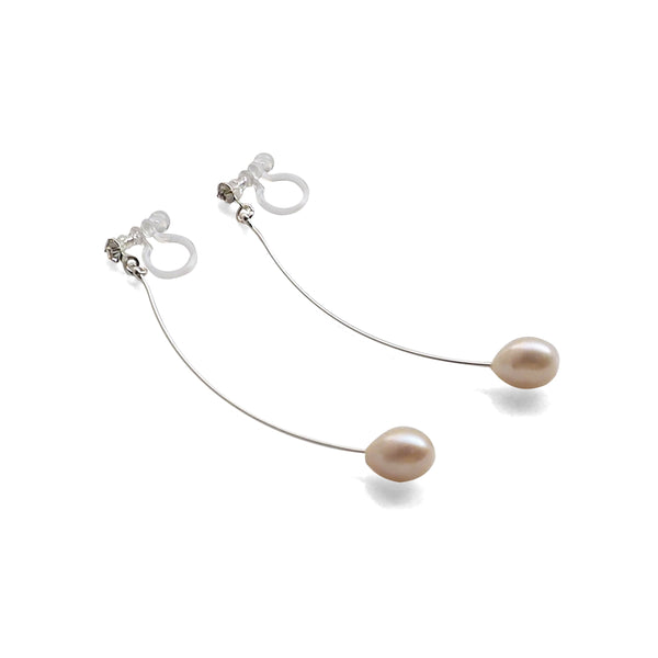 White Teardrop Freshwater Pearl Invisible Clip On Earrings (Silver tone Wave Bar) - Miyabi Grace