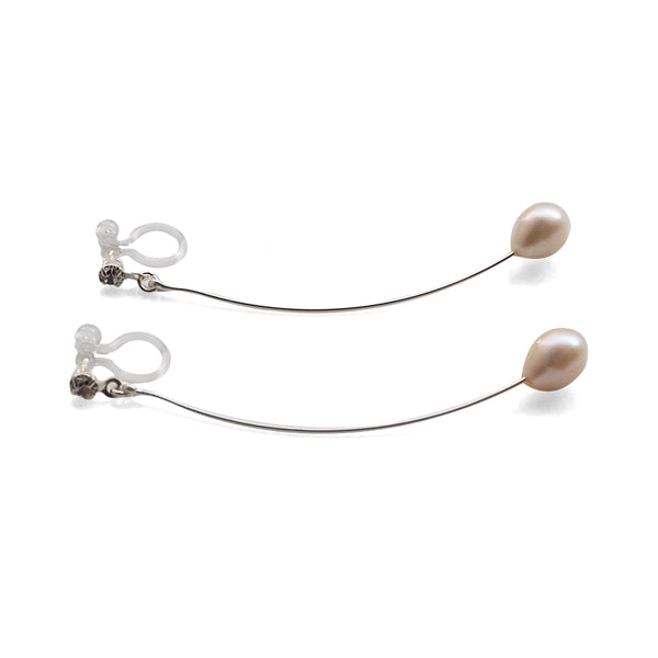 White Teardrop Freshwater Pearl Invisible Clip On Earrings (Silver tone Wave Bar) - Miyabi Grace