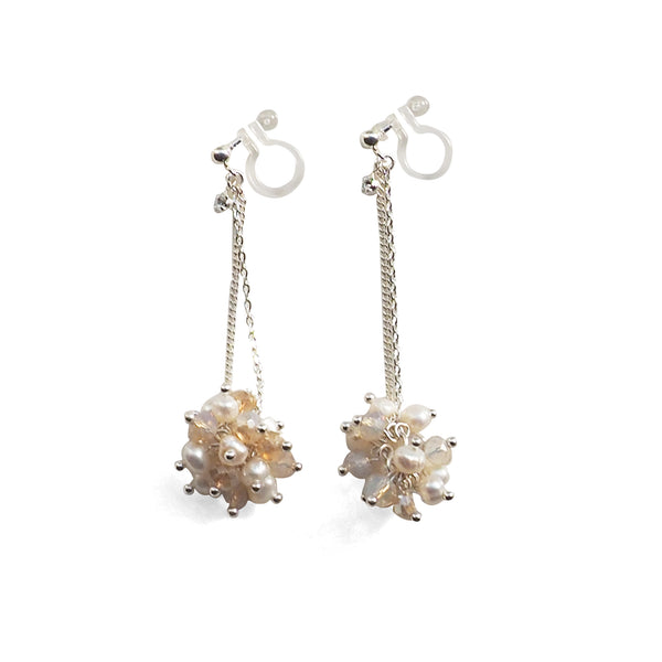 White Freshwater Pearl & Pink Crystal Ball Invisible Clip On Earrings (Silver tone) - Miyabi Grace