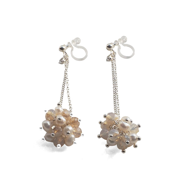 White Freshwater Pearl & Pink Crystal Ball Invisible Clip On Earrings (Silver tone) - Miyabi Grace