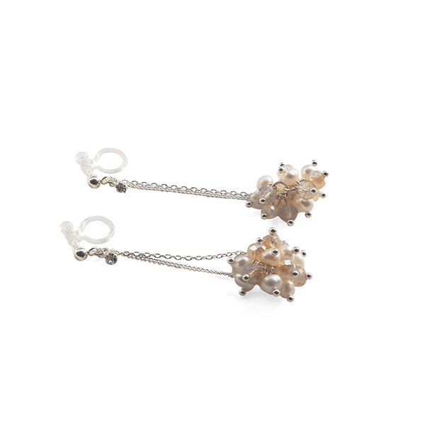 White Freshwater Pearl & Pink Crystal Ball Invisible Clip On Earrings (Silver tone) - Miyabi Grace