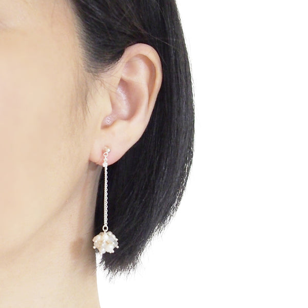 White Freshwater Pearl & Pink Crystal Ball Invisible Clip On Earrings (Silver tone) - Miyabi Grace