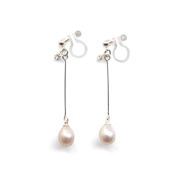 White Teardrop Freshwater Pearl Invisible Clip On Earrings (Silver tone) - Miyabi Grace